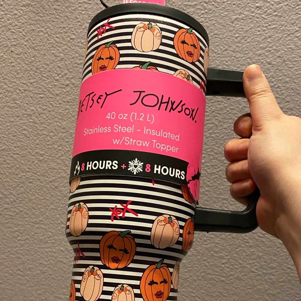 Betsey Johnson Pink and Black Pumpkin Tumbler